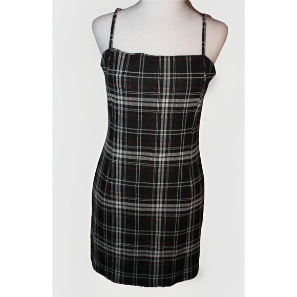 Forever 21 Plaid Mini Dress Black White Red Adjustable Spaghetti Straps Size L - Picture 1 of 6